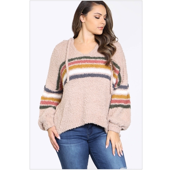 LAST ONE❗LOVE RICHE Plus Size Taupe Fuzzy Sweater Hoodie - Picture 2 of 5